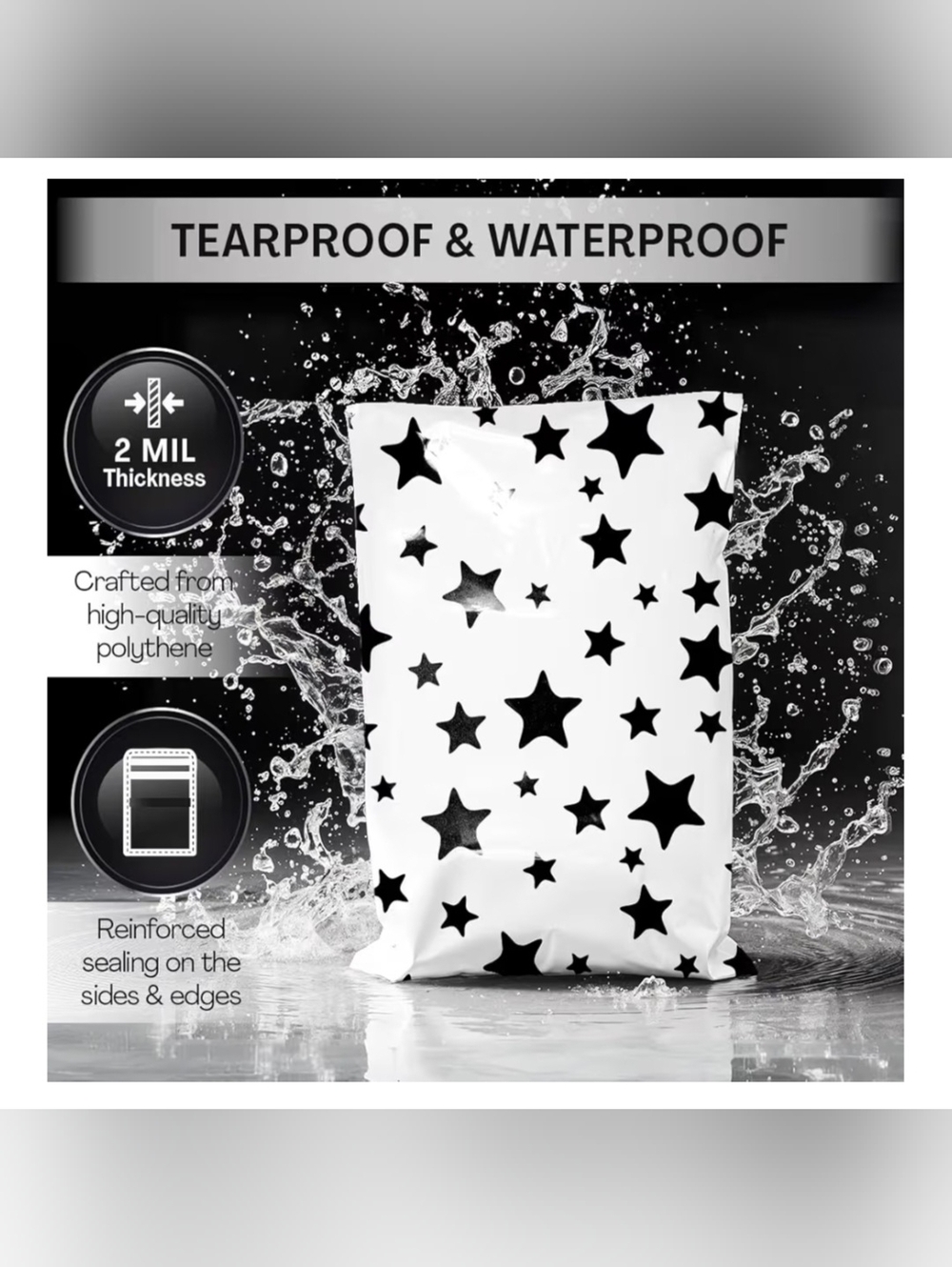 20 Black White Star Polymailers 10x13 Self-Seal Shipping Bags New Waterproof - Picture 6 of 7